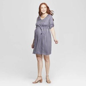 Maternity Striped 3/4 Sleeve Tie Waist Shirtdress